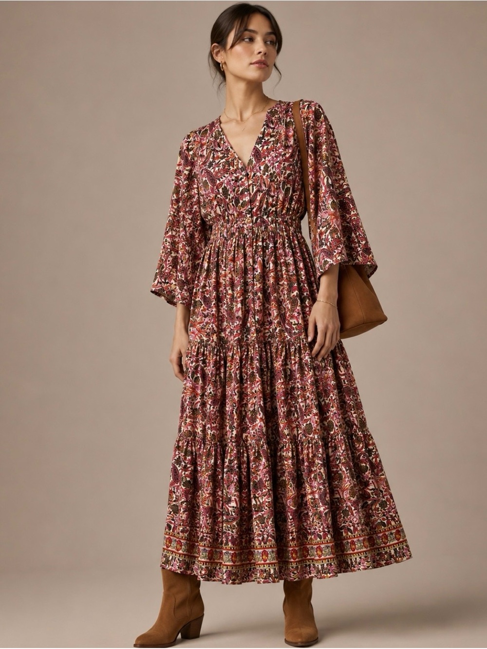 Boemo Anthropologie Maxi Dress M Bell Sleeve Tiered Paisley Boho Cottagecore